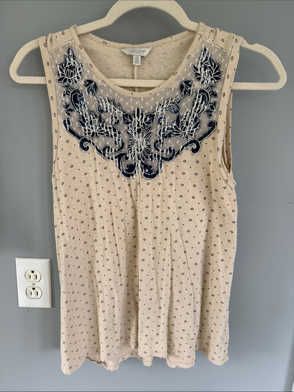 Lucky Brand Cream Tank with Navy Embroidered Yoke